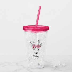 Watercolor Flowers Deer Add Your Name Acrylic Tumbler