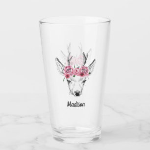 Watercolor Flowers Deer   Add Your Name Glass