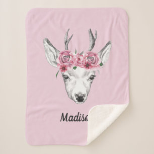 Watercolor Flowers Deer   Add Your Name Sherpa Blanket