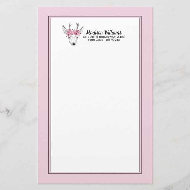 Watercolor Flowers Deer | Add Your Name Stationery (Front)