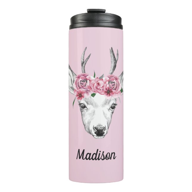 Watercolor Flowers Deer | Add Your Name Thermal Tumbler (Front)