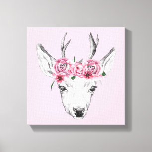 Watercolor Flowers Deer Canvas Print