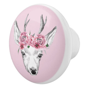 Watercolor Flowers Deer Ceramic Knob