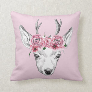 Watercolor Flowers Deer Cushion