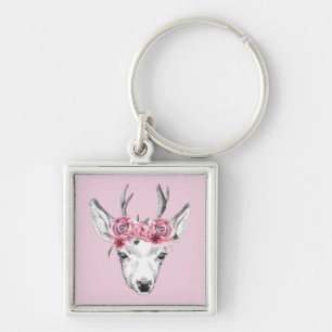 Watercolor Flowers Deer Key Ring