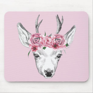 Watercolor Flowers Deer Mouse Mat