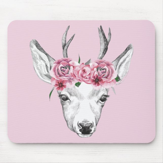 Watercolor Flowers Deer Mouse Mat (Front)