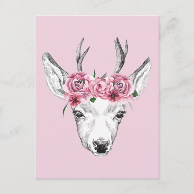 Watercolor Flowers Deer Postcard (Front)