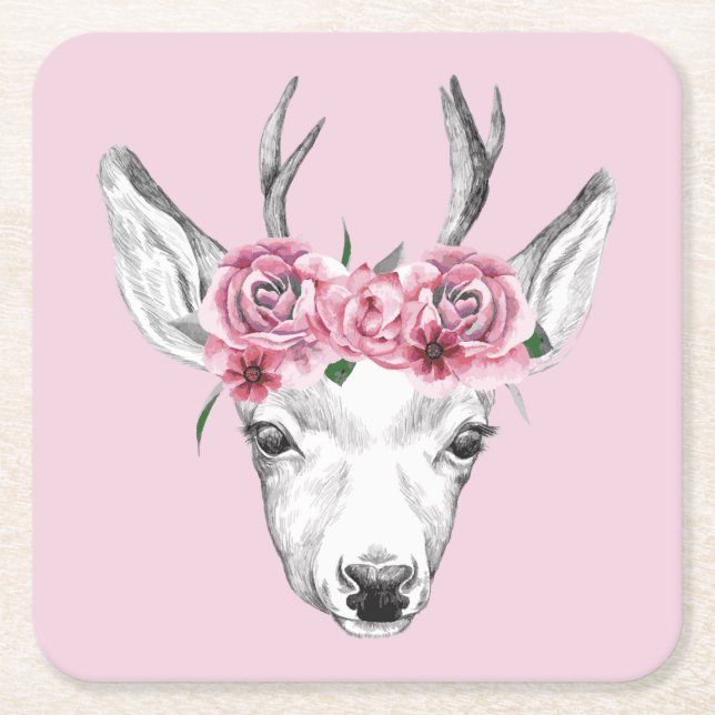 Watercolor Flowers Deer Square Paper Coaster (Front)
