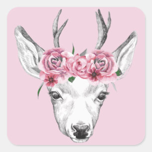 Watercolor Flowers Deer Square Sticker