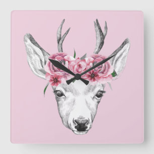 Watercolor Flowers Deer Square Wall Clock