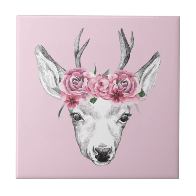 Watercolor Flowers Deer Tile (Front)