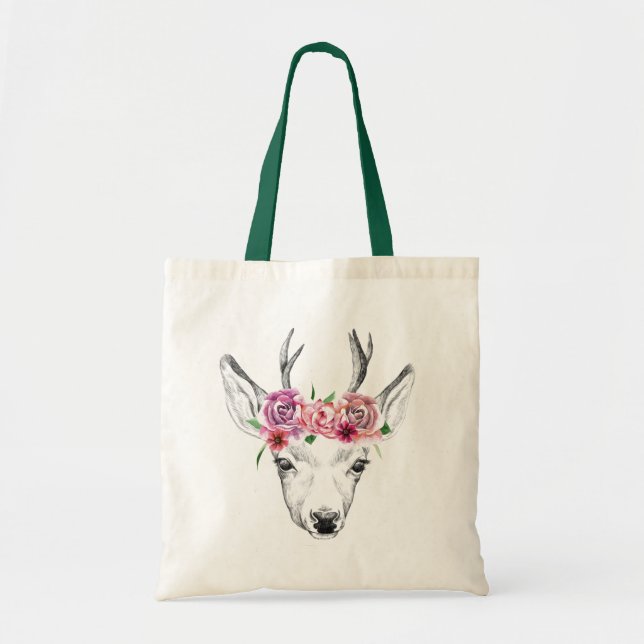 Watercolor Flowers Deer Tote Bag (Front)