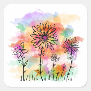 watercolor flowers doodle square sticker