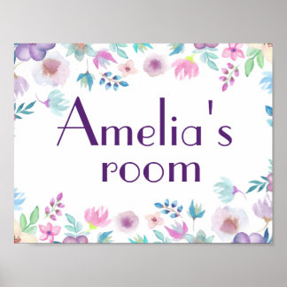 Watercolor flowers door sign, children' room sign