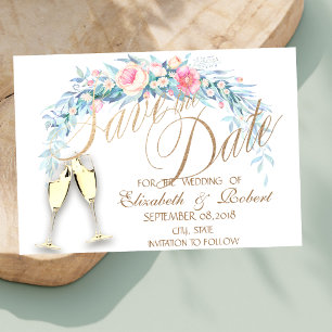 Watercolor Flowers,Dots Wine Glasses Save The Date