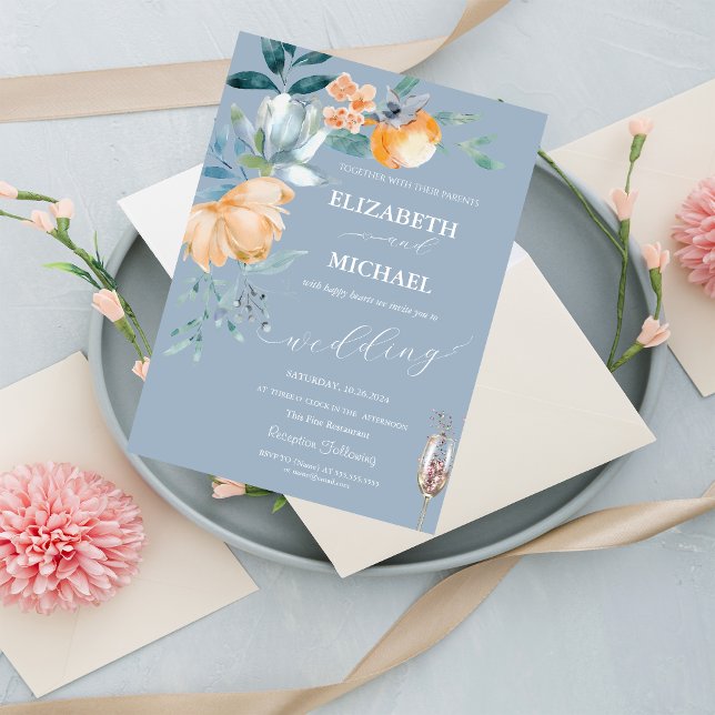 Watercolor Flowers Dusty Blue Champagne Glass  Invitation (Creator Uploaded)
