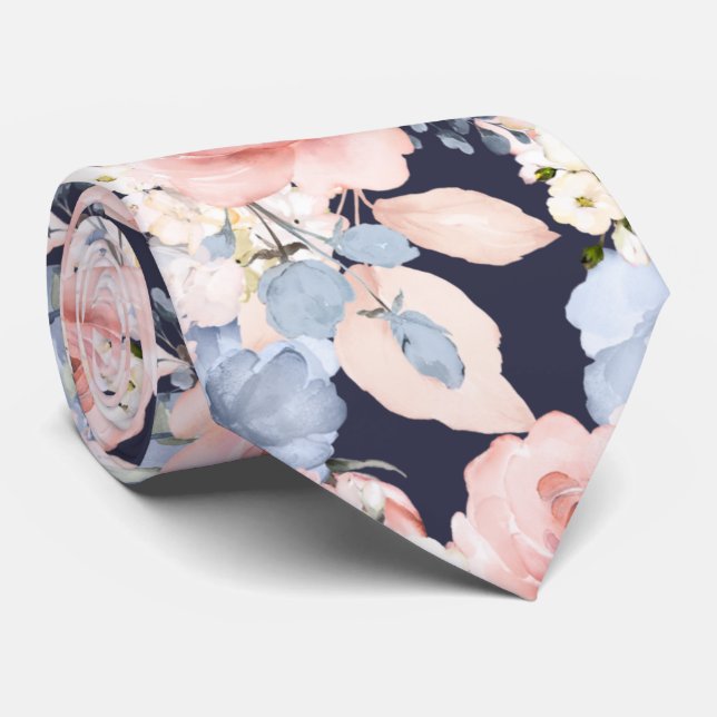 Watercolor Flowers Dusty Blue Dusty Pink Roses   Tie (Rolled)