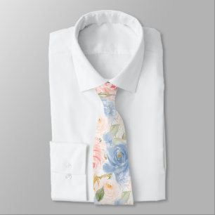 Watercolor Flowers Dusty Blue Dusty Pink Roses   Tie