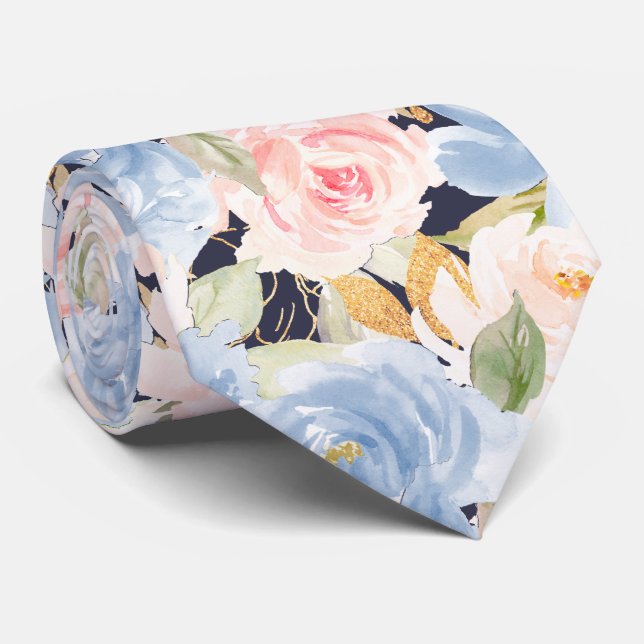 Watercolor Flowers Dusty Blue Dusty Pink Roses   Tie (Rolled)