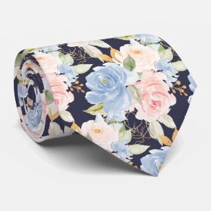 Watercolor Flowers Dusty Blue Dusty Pink Roses Tie