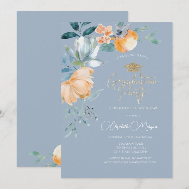 Watercolor Flowers Dusty Blue Graduation Party Invitation (Front/Back)