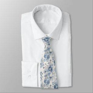 Watercolor Flowers Dusty Blue Navy Roses Tie