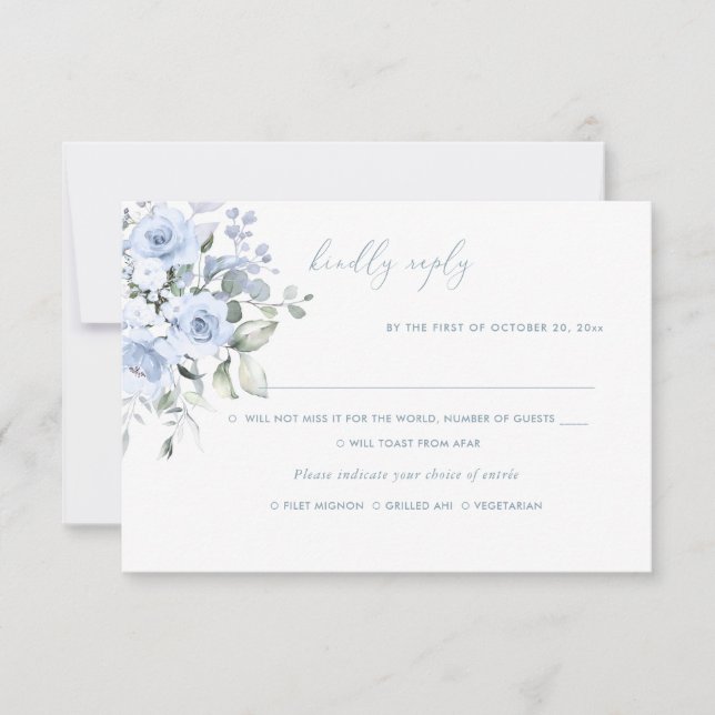 Watercolor Flowers Dusty Blue Roses, Meal RSVP Invitation (Front)