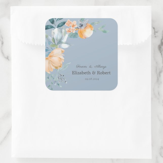 Watercolor Flowers Dusty Blue Square Sticker (Bag)