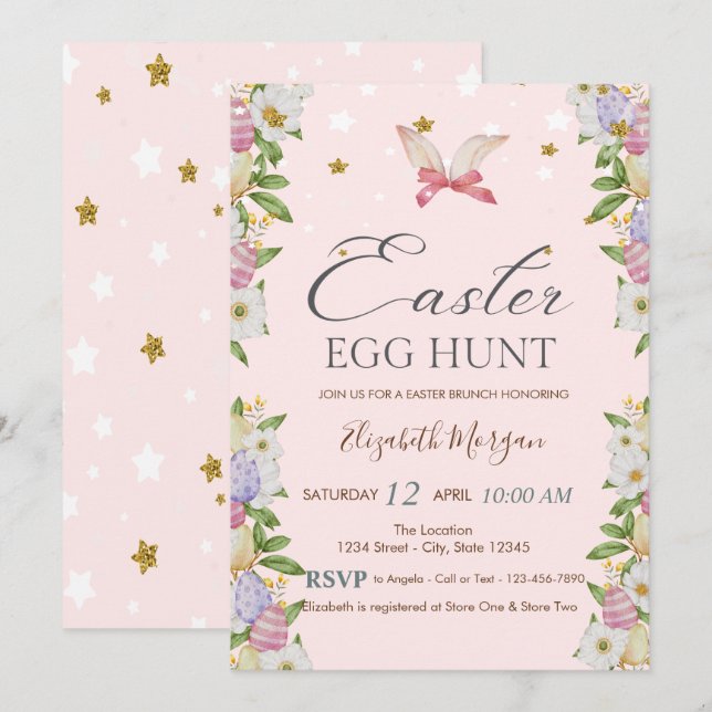 Watercolor Flowers Eggs Bunny Ears  Invitation (Front/Back)