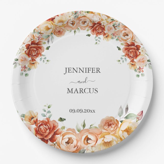 Watercolor Flowers Elegant Botanical Wedding Paper Plate (Front)