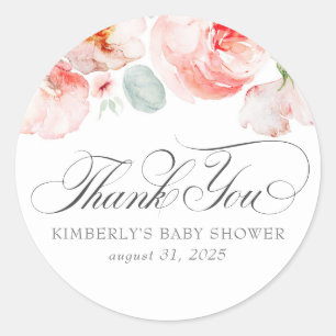 Watercolor Flowers Elegant Soft Pink Thank You Classic Round Sticker