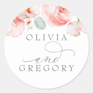 Watercolor Flowers Elegant Soft Pink Wedding Classic Round Sticker