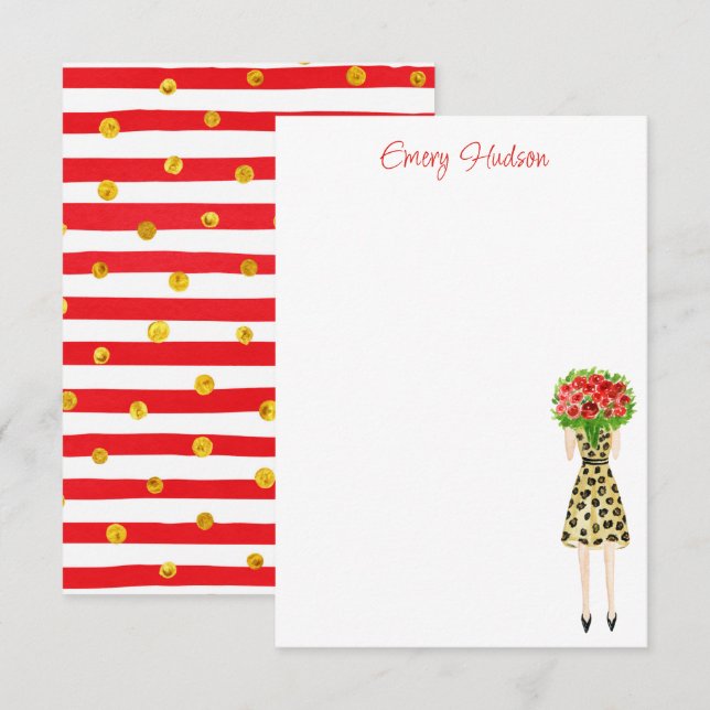 Watercolor Flowers Fashion Girl Thank You Card (Front/Back)