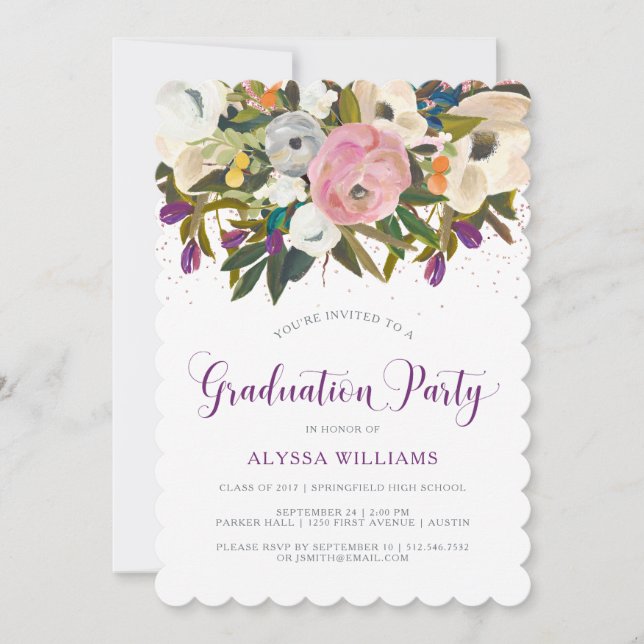 Watercolor Flowers | Faux Glitter Graduation Party Invitation (Front)