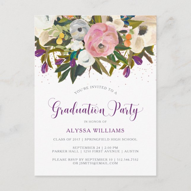 Watercolor Flowers | Faux Glitter Graduation Party Invitation Postcard (Front)