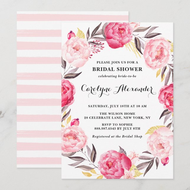 Watercolor Flowers & Faux Gold Foil Bridal Shower Invitation (Front/Back)