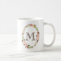 Watercolor Flowers & Feathers Boho Wreath Monogram