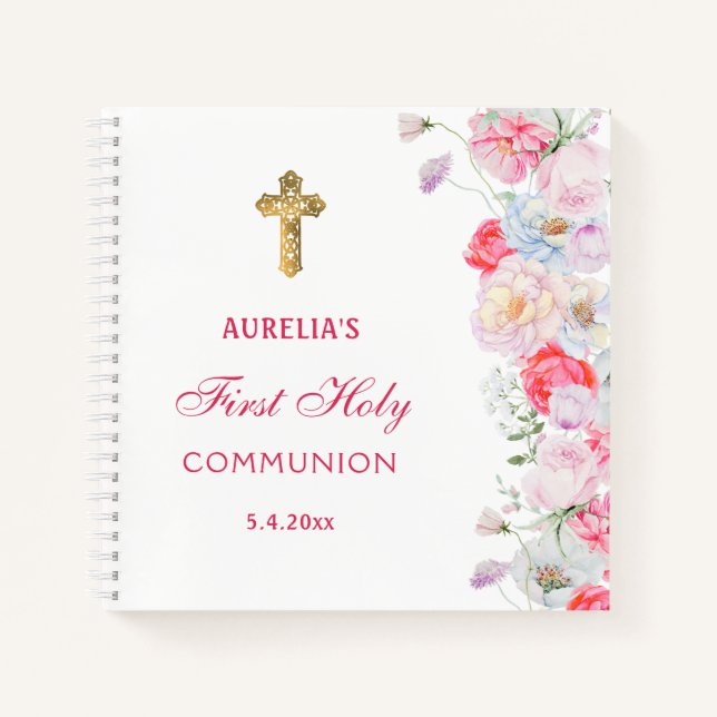 Watercolor Flowers First Communion Guest Book (Front)