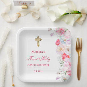 Watercolor Flowers First Communion Paper Plate