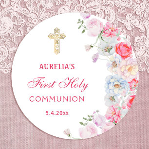 Watercolor Flowers First Communion Round Sticker