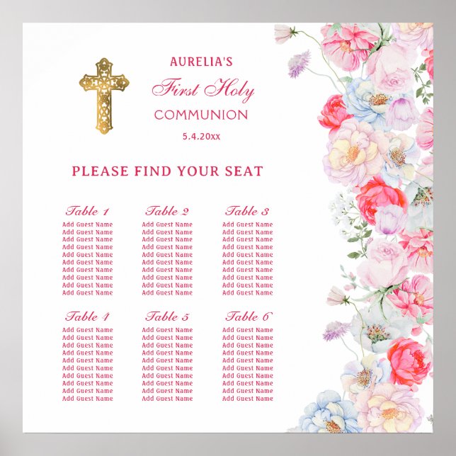 Watercolor Flowers First Communion Seating Chart (Front)
