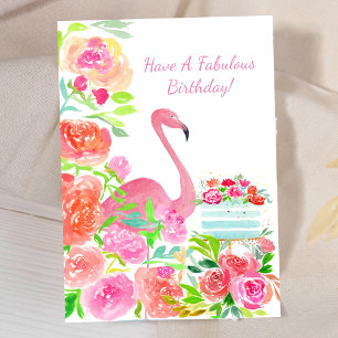 Watercolor Flowers, Flamingo And Cake Birthday Card