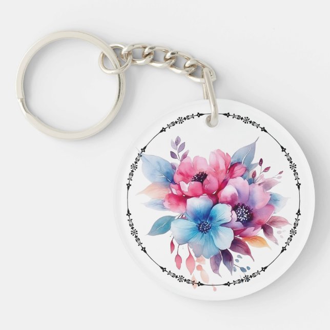 Watercolor Flowers Floral Design Key Ring (Front)