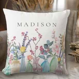 Watercolor Flowers Floral Garden Blooms in Bottles Cushion