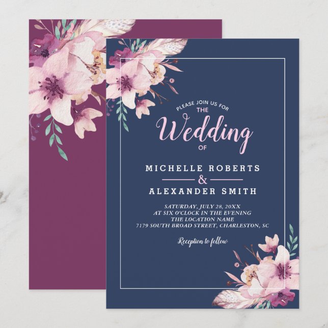Watercolor Flowers Floral Navy Wedding Invitation (Front/Back)