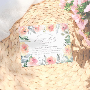 Watercolor Flowers & Foliage First Holy Communion Invitation Postcard