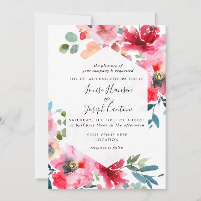 Watercolor Flowers Garden Roses, Red Ombre Wedding Invitation (Front)
