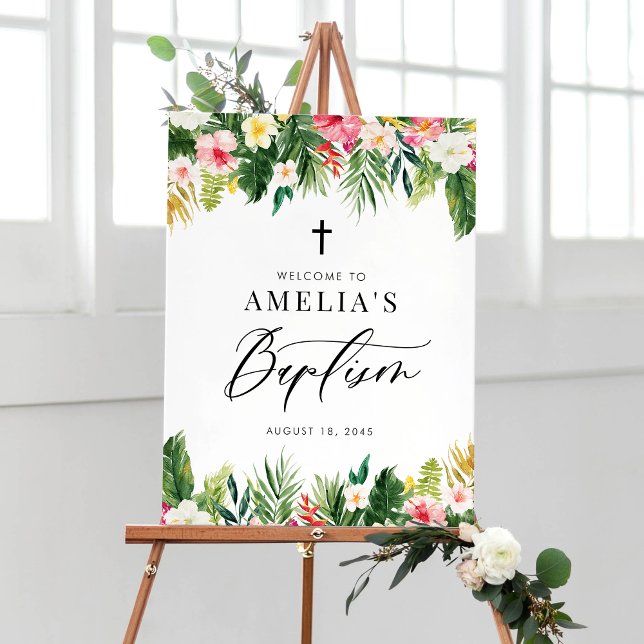 Watercolor Flowers Garland Tropical Baptism Poster (Watercolor Flowers Garland Tropical Baptism Welcome Sign)