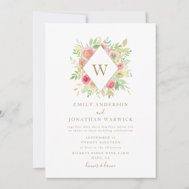Watercolor Flowers Geometric Wedding Invitation (Front)